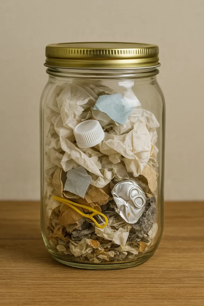 Bea Johnsons's One Jar of WasteBea Johnson’s One Jar of Waste Glass jar illustrating zero waste living, filled with one year’s worth of household waste items—crumpled paper, a bottle cap, and a metal can tab—on a wooden surface.