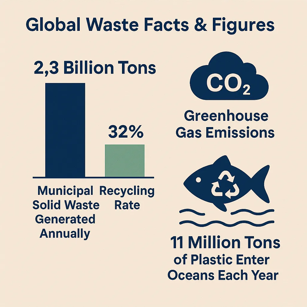 Global Waste Facts and Figures Infographic showing 2.3 billion tons of municipal waste generated annually, a 32% recycling rate, greenhouse gas (CO₂) emissions icon, and 11 million tons of plastic entering oceans each year.