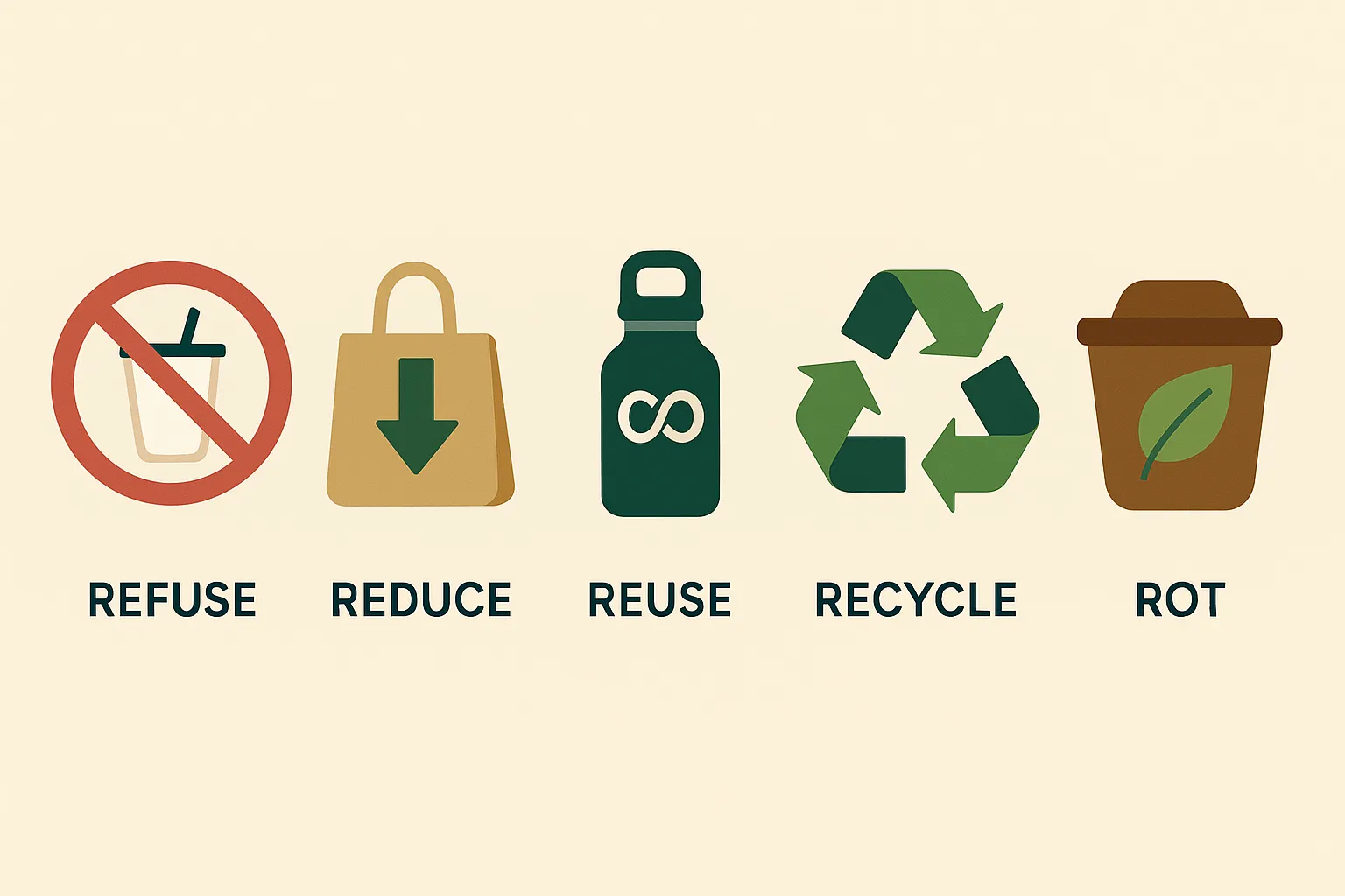 The 5 Rs, A Blueprint for Zero Waste_1536_1024 Five flat icons on a beige background representing the 5 Rs of zero-waste living—Refuse (crossed-out plastic cup), Reduce (shopping bag with down arrow), Reuse (water bottle with infinity symbol), Recycle (green recycling triangle), and Rot (compost bin with leaf).