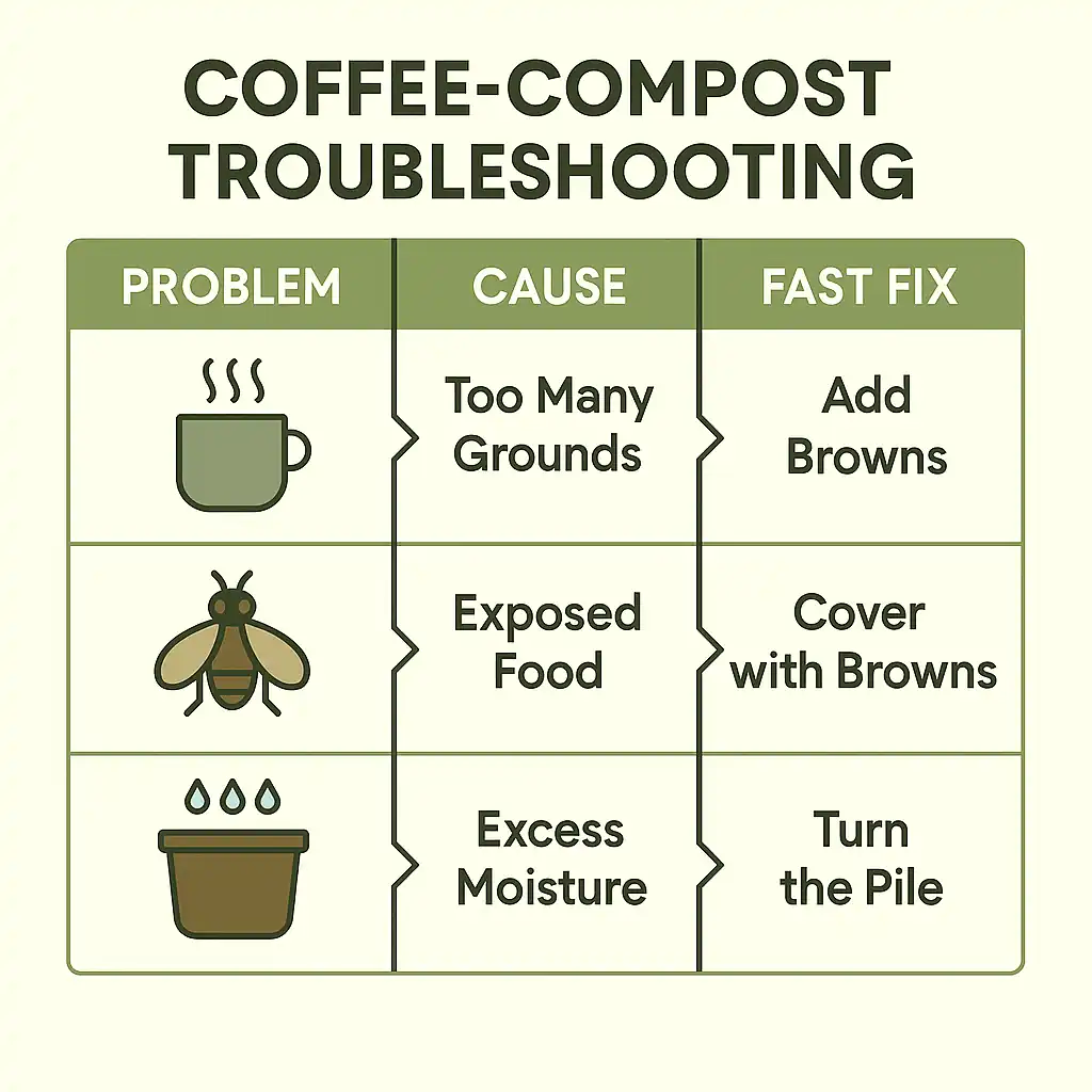Coffee-Compost Troubleshooting Cheatsheet Troubleshooting chart for coffee ground compost in small apartment