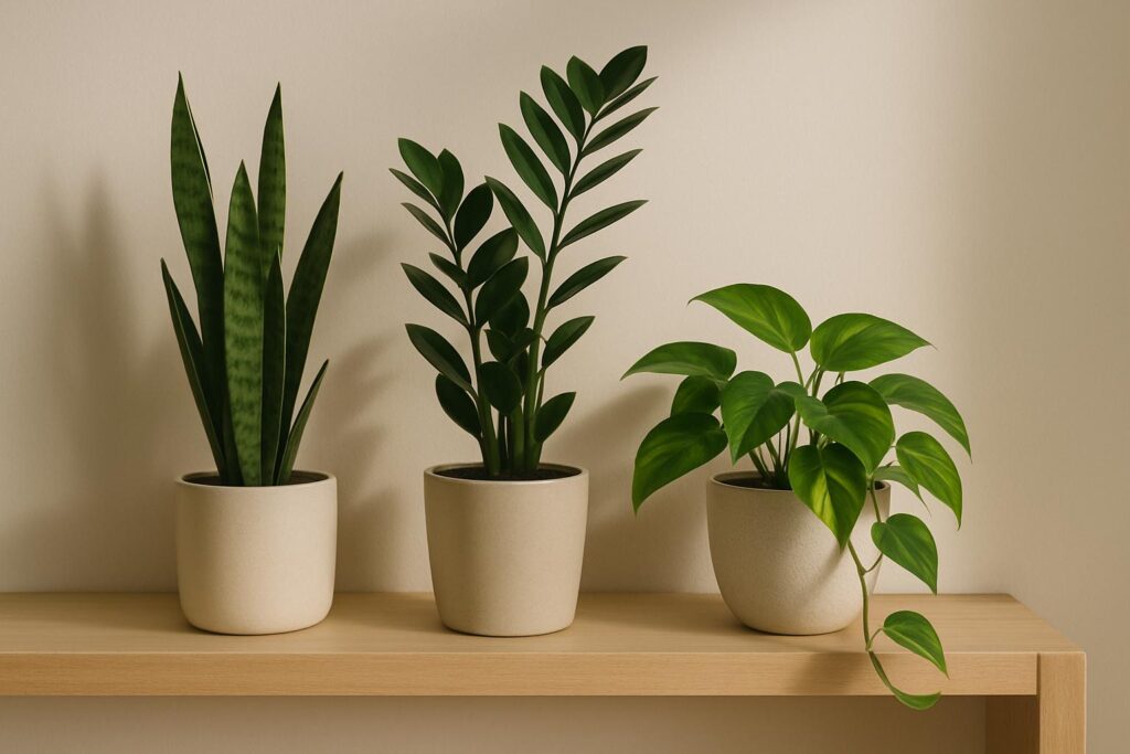 Best low light houseplants — Snake Plant, ZZ Plant, and Pothos — beautifully arranged on a minimalist light wood shelf against a soft neutral wall.