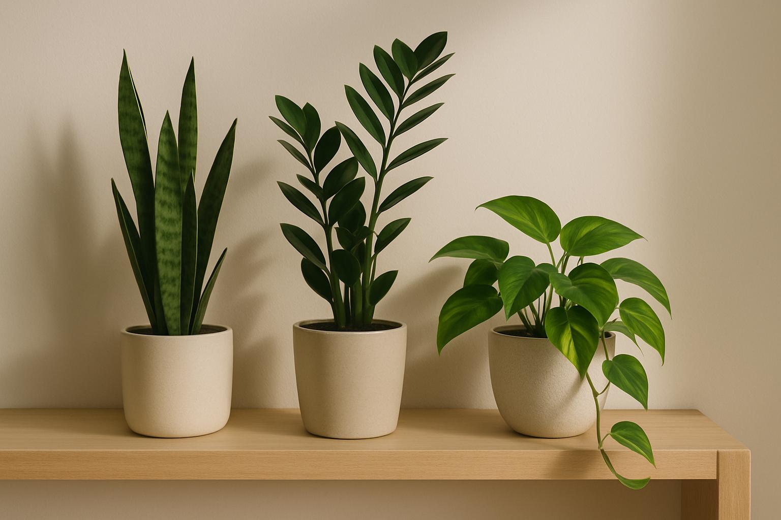 Best low light houseplants — Snake Plant, ZZ Plant, and Pothos — beautifully arranged on a minimalist light wood shelf against a soft neutral wall.