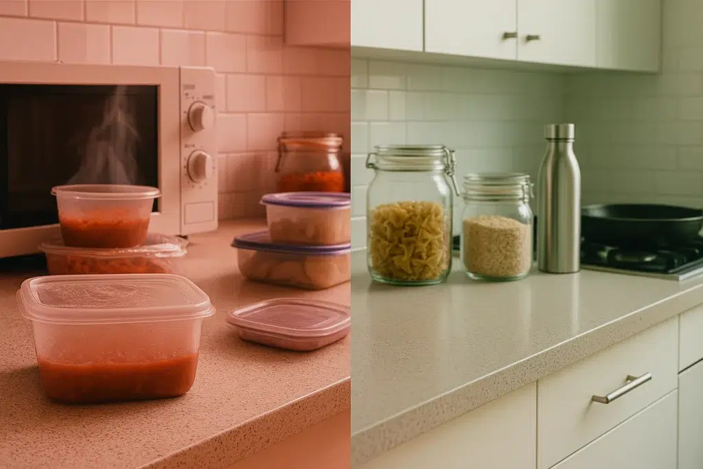 Split-view kitchen photo illustrating plastic kitchen risks vs safe swaps—cluttered plastic side (red) contrasted with tidy glass and cast-iron side (green).