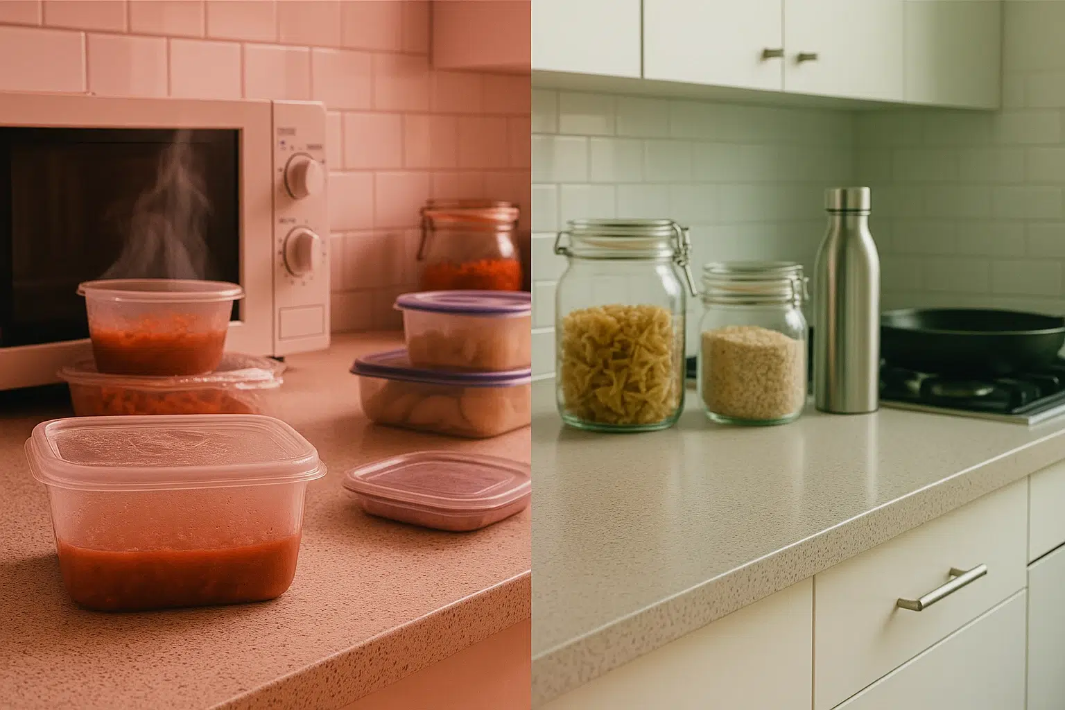 Split-view kitchen photo illustrating plastic kitchen risks vs safe swaps—cluttered plastic side (red) contrasted with tidy glass and cast-iron side (green).