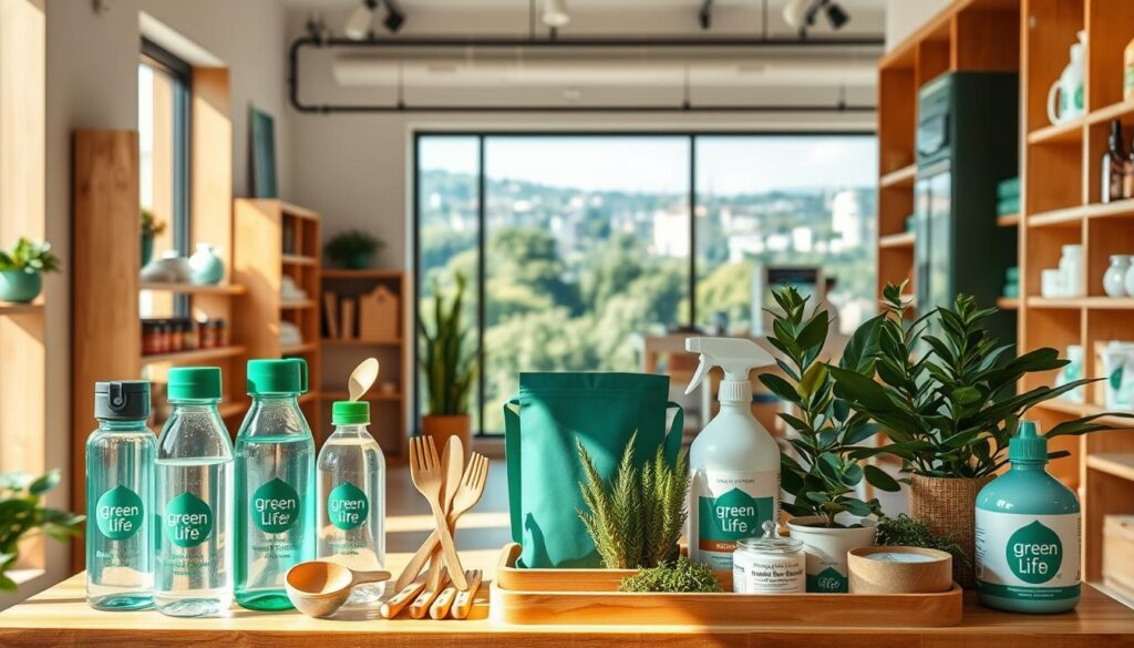 A serene and vibrant scene showcasing affordable green alternatives in the UK market. In the foreground, a display of eco-friendly products from the "Green Life Hub" brand, including reusable water bottles, bamboo utensils, and biodegradable cleaning supplies. The middle ground features a spacious, well-lit store interior with wooden shelving and natural lighting, conveying a warm, inviting atmosphere. In the background, large windows offer a view of a lush, verdant urban landscape, emphasizing the connection between sustainable living and the natural world. The overall composition highlights the accessibility and affordability of environmentally conscious choices, encouraging a sense of optimism and empowerment. A serene and vibrant scene showcasing affordable green alternatives in the UK market. In the foreground, a display of eco-friendly products from the "Green Life Hub" brand, including reusable water bottles, bamboo utensils, and biodegradable cleaning supplies. The middle ground features a spacious, well-lit store interior with wooden shelving and natural lighting, conveying a warm, inviting atmosphere. In the background, large windows offer a view of a lush, verdant urban landscape, emphasizing the connection between sustainable living and the natural world. The overall composition highlights the accessibility and affordability of environmentally conscious choices, encouraging a sense of optimism and empowerment.